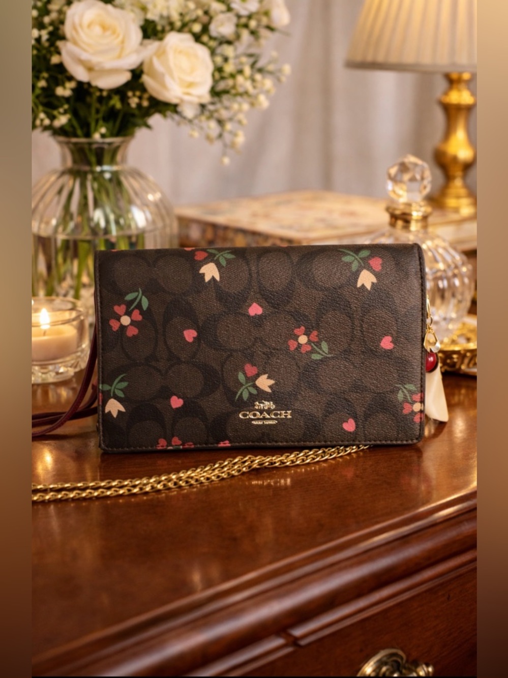 Coach Brown Floral Signature Crossbody with Gold Chain